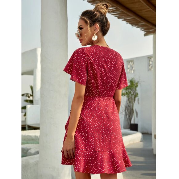 *SHEIN Holidaya Polka Dot Knot Side Wrap A-line Red Dress - Picture 2 of 9